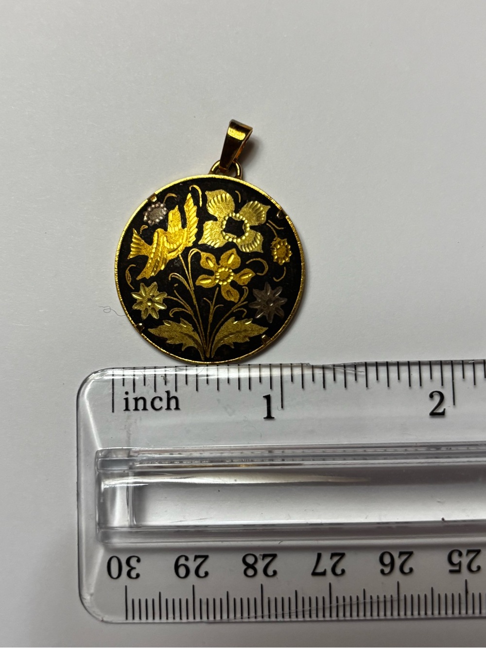 Vintage Danascene Floral Bird Pendant gold and black - Picture 2 of 3